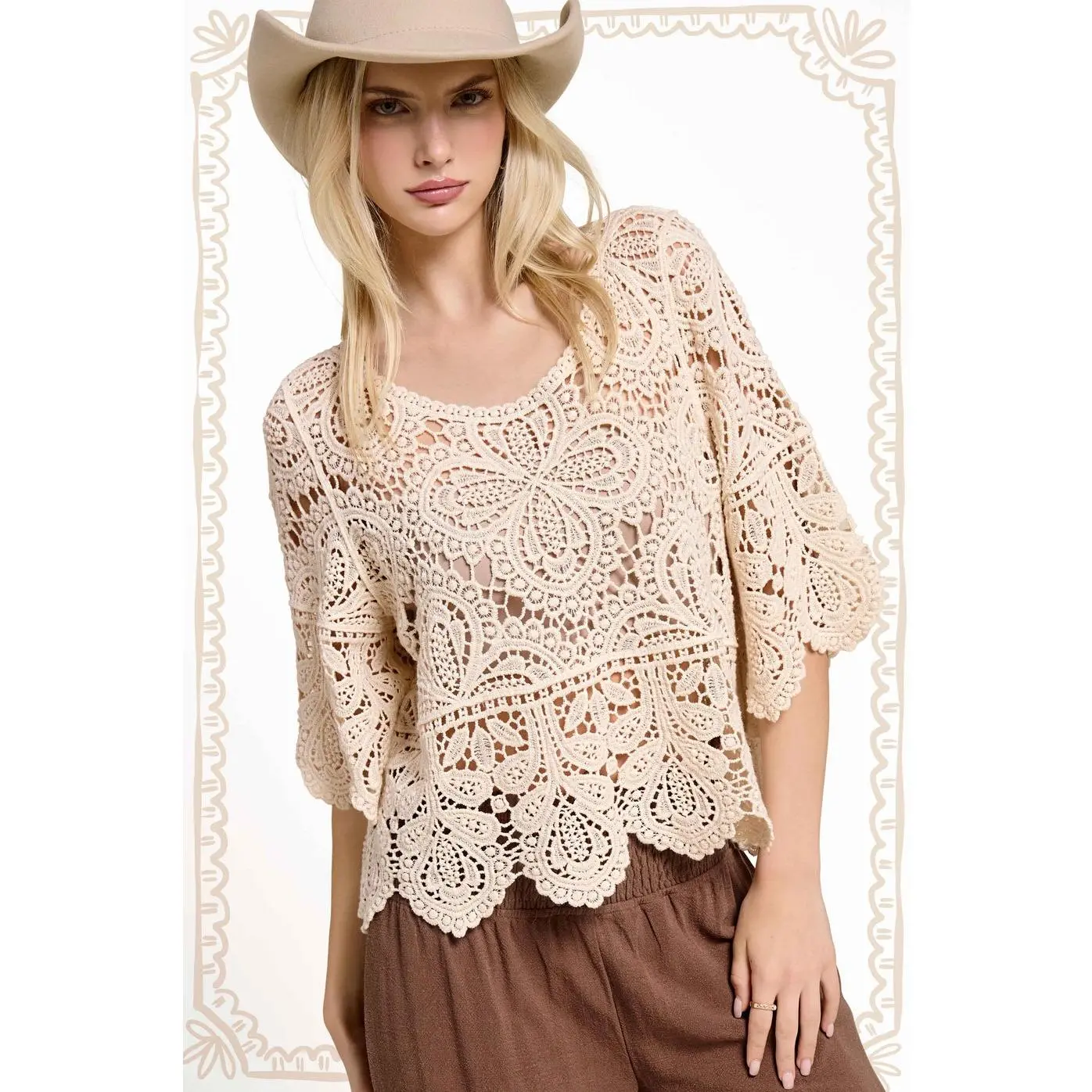 Garden Party Floral Crochet Bell Sleeve Top - Natural