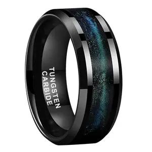 Black Tungsten Carbide Ring with Galaxy Inlay 8mm Comfort Fit Wedding Band for Men Women