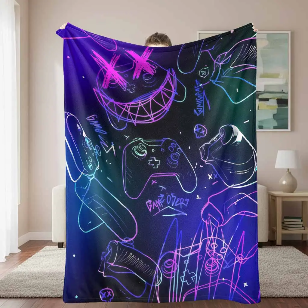 Neon Gaming Controllers Flannel Blanket - Colorful Gamepad Sketch Print, Colorful Fuzzy, Soft Warm Lightweight Cozy Throw for Bedroom, Living Room, Gamer Gift, Colorful Fuzzy Blanket