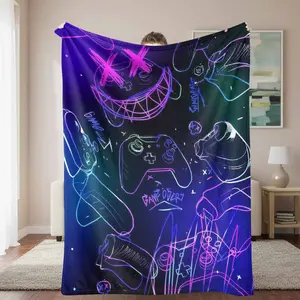 Neon Gaming Controllers Flannel Blanket， Colorful Gamepad Sketch Print， Soft Warm Lightweight Cozy Throw for Bedroom， Living Room， Sofa， Office， Gamer Gift， Relaxation Spaces outdoorfun