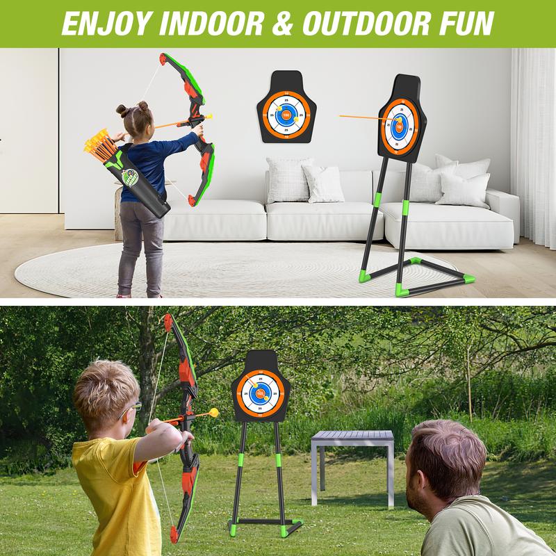 Bow and Arrow for Kids, LED Light Up Archery Set with 12 Suction Cup Arrows, 1 Standing Target, 3 Score Targets & 1 Quiver, Indoor Outdoor Sport Gifts for Boys Girls Ages 4-12, Green