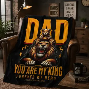 Dad Lion Fleece Throw Blanket - "My King My Hero" Cozy Bedding, Unique Father's Day Gifts, Living Room & Bed Decor