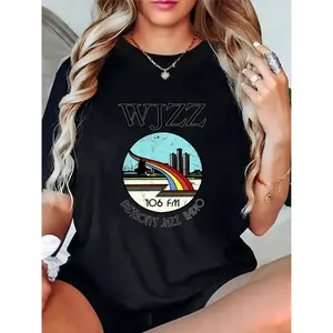 Women's WJZZ 106 FM Detroit Jazz Radio Rainbow City Skyline Retro T-Shirt, Casual Streetwear for Music Lovers & Jazz Fans 100% Cotton T-shirt