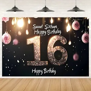 Sweet 16 Birthday Backdrop Banner with Sequins & Rose Design, Perfect for Party Decorations, Studio Photography, Indoor Use, Party Decorations Banners