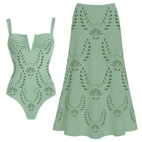 FLAXMAKER Women's Mint Green V neckline Ruched Bust Laser-Cut Floral One Piece Swimsuit and Skirt Set Swimdress Beachwear Stylish Bathing Suit Beachwear # #Summervibes outdoorfun #SwimWeek