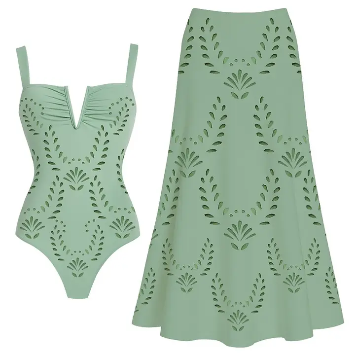 FLAXMAKER Women's Mint Green V neckline Ruched Bust Laser-Cut Floral One Piece Swimsuit and Skirt Set Swimdress Beachwear Stylish Bathing Suit Beachwear # #Summervibes outdoorfun #SwimWeek