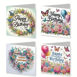 DIY Diamond Arts Colorful Painting Kit, 4 Counts/set Butterfly & Flower Pattern Birthday Themed Happy Birthday Greeting Card, Handmade Gift for Friends & Family