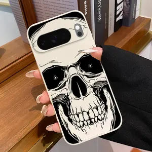 Skull's Silent Gaze Pattern Rounded Edge Phone Case for Google Pixel 10 9 8 7 Pro A XL Shockproof Full Camera Protection Durable Slim Liquid Silicone Cover Smartphone Casing