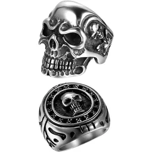 2 count Bikers Stainless Steel Gothic Skulls Ring,Black , Size 8-15