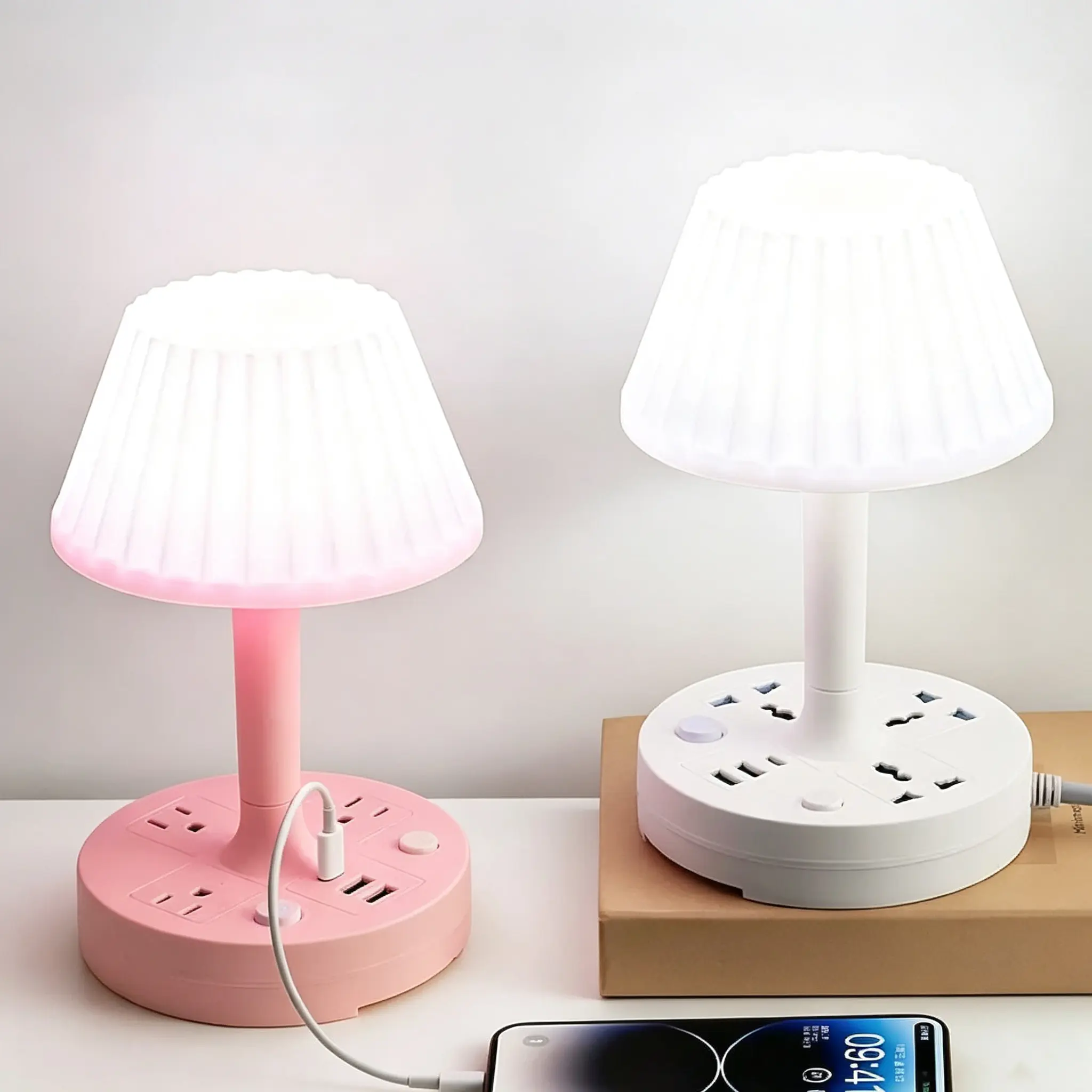 LED Table Lamp with USB Charging Port & AC Power Outlet, 3 Color Modes Dimmable Eye-Caring Small Desk Lamp, Nightstand Light for Bedroom, Home Office & Living Room