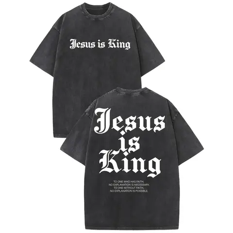 Women's Retro Streetwear Faith-Themed Short-Sleeve Graphic Tee - Chic Cute New Year Woven Fabric, Bold "Jesus is King" Print, Soft Water-Washed Breathable Cotton, Loose Fit, Crew Neck, Appliquéd Detail, Stretch, Everyday Top, Gift-Ready