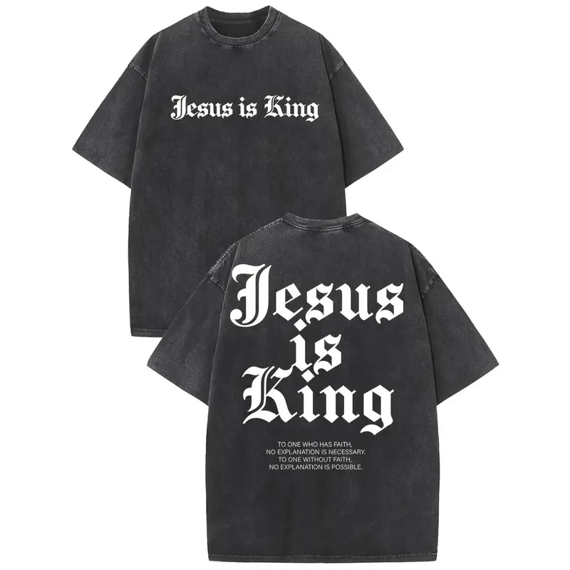 Women's Retro Streetwear Faith-Themed Short-Sleeve Graphic Tee - Chic Cute New Year Woven Fabric, Bold "Jesus is King" Print, Soft Water-Washed Breathable Cotton, Loose Fit, Crew Neck, Appliquéd Detail, Stretch, Everyday Top, Gift-Ready