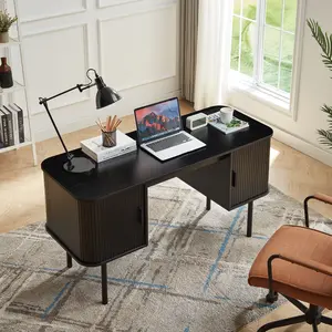 ONBRILL Computer Desk With 2 Storage Cabinets, Mid Century Executive Desk With Charging Station, Modern Home Office Large Desk With Adjustable Metal Legs