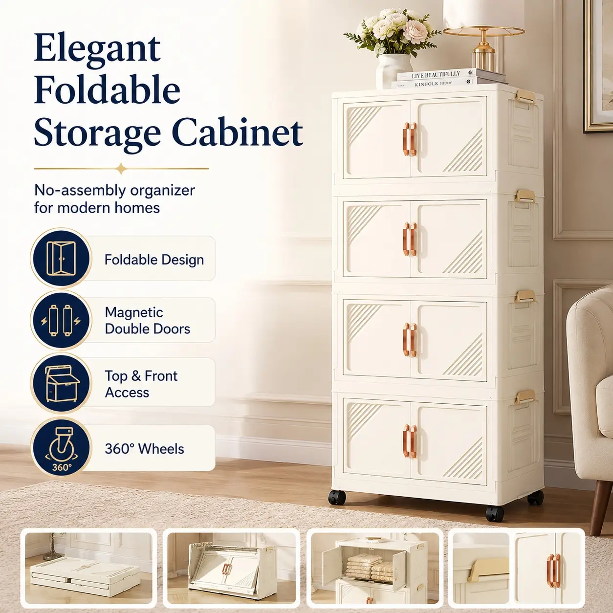 Foldable Plastic Storage Cabinet, 2/3/4/5-Tier Rolling Organizer with Transparent Brown Double Doors for Bedroom Closet Living Room Snack Storage