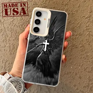 Christian Aesthetics Cross Judgement Angel Patterned Phone Case Compatible with Galaxy S23 Ultra S24 Plus S25 S22+ Shockproof Drop Protection Durable PC Smartphone Cover Cellphone Protective