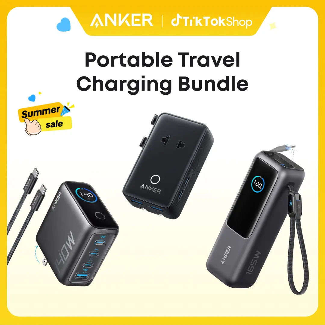 Anker Portable Laptop Power Bank with Built-In Cables, 25,000mAh High-Capacity Battery+Anker Nano Adapter, 5-in-1 Ultra-Compact Global Charger+Anker 140W GaN Laptop Charger, 4-Port Power Adapter with Intuitive Touch Controls