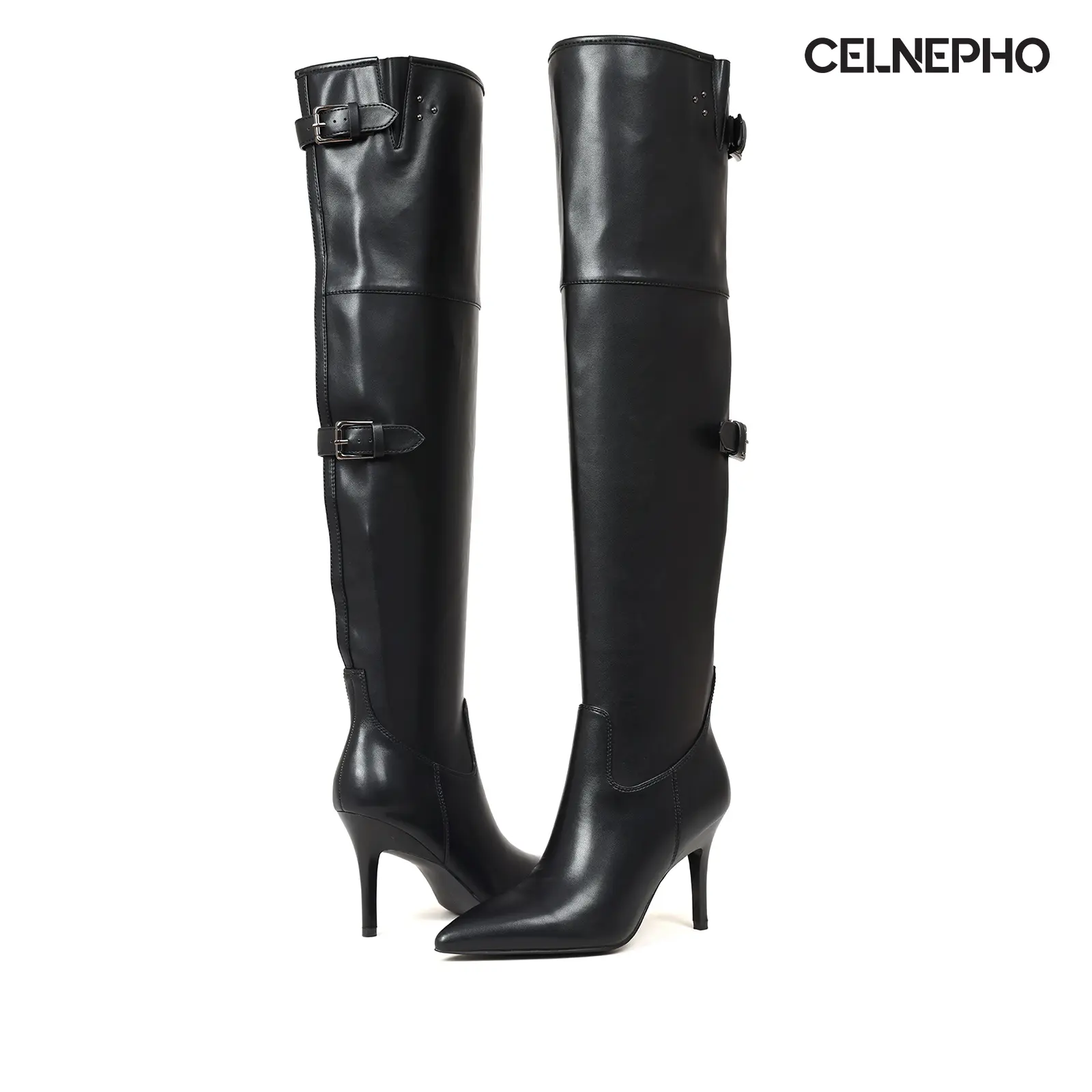 CELNEPHO Fashion Boots for Women Pointed Toe Stiletto Heel Goth Boot Adjustable Buckele Design Over the Knee Boots Easy Pull on Cosplay Thigh High Boot Party Wear Gift Summer Dress Shoes