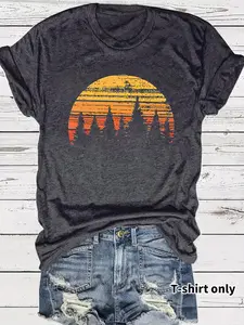 Women's Forest & Sunset Print Round Neck Tee, Casual Streetwear Lightweight Short Sleeve Crew Neck Fit T-shirt for Summer, Fashion Women's Top for Daily Wear Womenswear