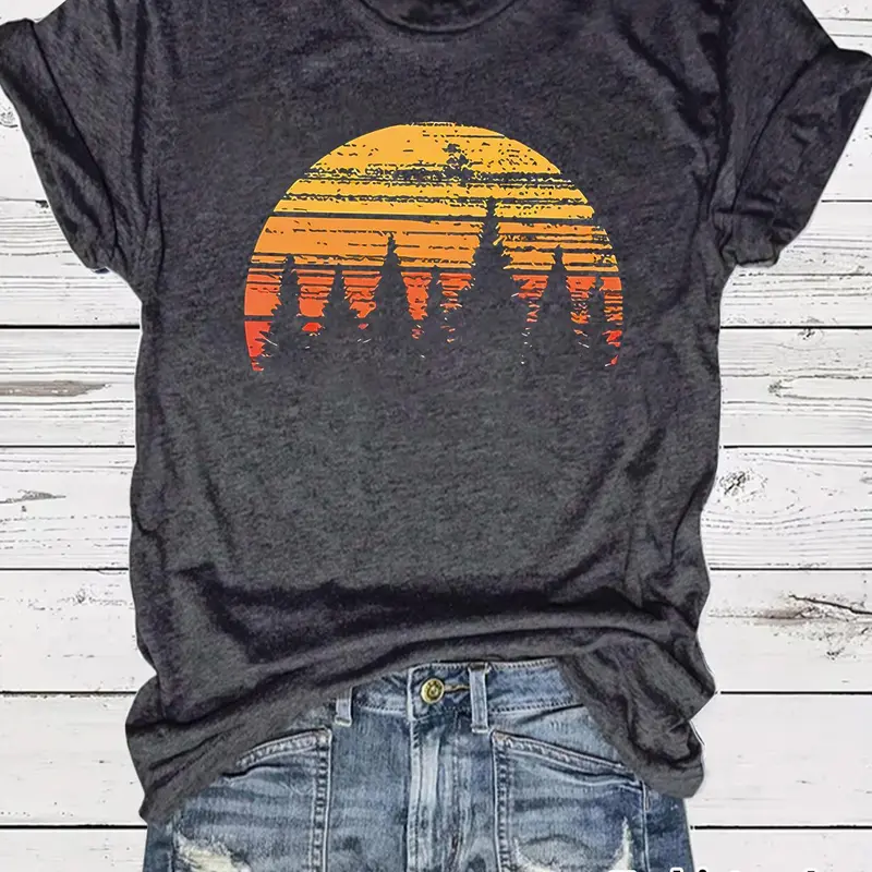 Women's Forest & Sunset Print Round Neck Tee, Casual Streetwear Lightweight Short Sleeve Crew Neck Fit T-shirt for Summer, Fashion Women's Top for Daily Wear Womenswear
