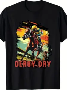 Men'S & Women'S Vintage Derby Racing Day T-Shirt - 220gsm Heavyweight Pure Retro Horse Racing Graphic Tee with Jockey & Horse Print All-Season Round Neck Casual & Formal Equestrian Apparel for Derby Day Events