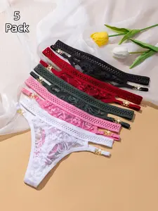 Women's Low Waist Mesh Thongs, Sexy Lace G-Strings Panties with Buckle, Plain Color, Slim-Fit, All Season, 5 Pcs Set