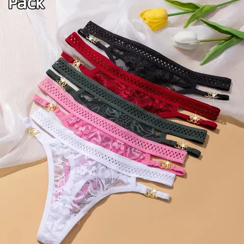 Women's Low Waist Mesh Thongs, Sexy Lace G-Strings with Buckle, Plain Color, Slim-Fit, All Season, 5 Pcs Set, Underwear Panties