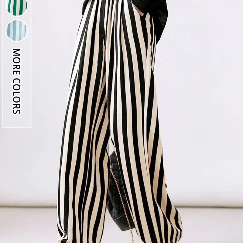 Women's Fashion Elegant Chic Aesthetic Colorblock Wide Leg Striped Elastic, Commuter Office Wear, Indoor Outdoor, All Seasons, Stylish and Comfortable, Elegant Trousers