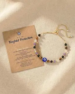 Evil Eye Dainty Bracelet - Natural Crystal Protection Bracelet - 5 Healing Stones Clear Quartz Amethyst Black Tourmaline Tiger Eye Adjustable Spiritual Guardian Jewelry Gift with Meaning Card