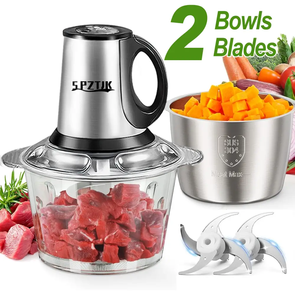 SPZTJK Meat Grinder,Food Processors With 2 Bowls and 4 Bi-Level Blades, Mini Electric Food Chopper 300W, For Baby Food, Meat, Onion, Vegetables