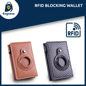 Mens Wallet Card Holder for AirTag - Leather Smart wallet Compatible With Air Tag, RFID Blocking, Slim, Carbon Fiber, Minimalist -9-14 Card Capacity | ID Window | Cash Slot (Black)