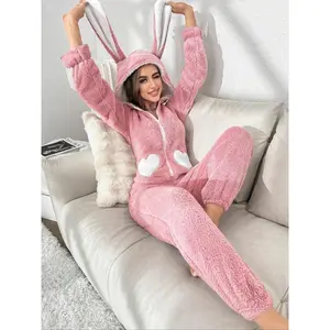 Women's Heart Pattern 3D Rabbit Ear Design Loung Hooded Onesie, Cute Zipper Long Sleeve Sleepwear, Casual Comfy Sleepwear for Fall & Winter Can be used with raincoat
