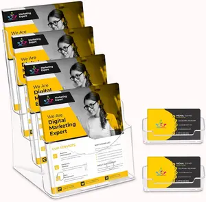 Acrylic Brochure Holder 8.5 x11”, 4 Tier Clear Literature Magazine Stand with Removable Divider for 4 x 9 Pamphlet Display Brochure with Business Card Holders- Wall Mount & Countertop