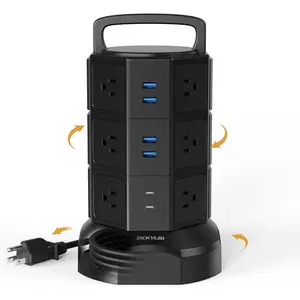 Power Strip Tower Surge Protector, JACKYLED 1625W 13A Outlet Surge Electric Tower, 12 Outlets 6 USB Ports Charging Station with 16AWG 6.5Ft Heavy Duty Extension Cord for Home Office Dorm Black JACKYLED