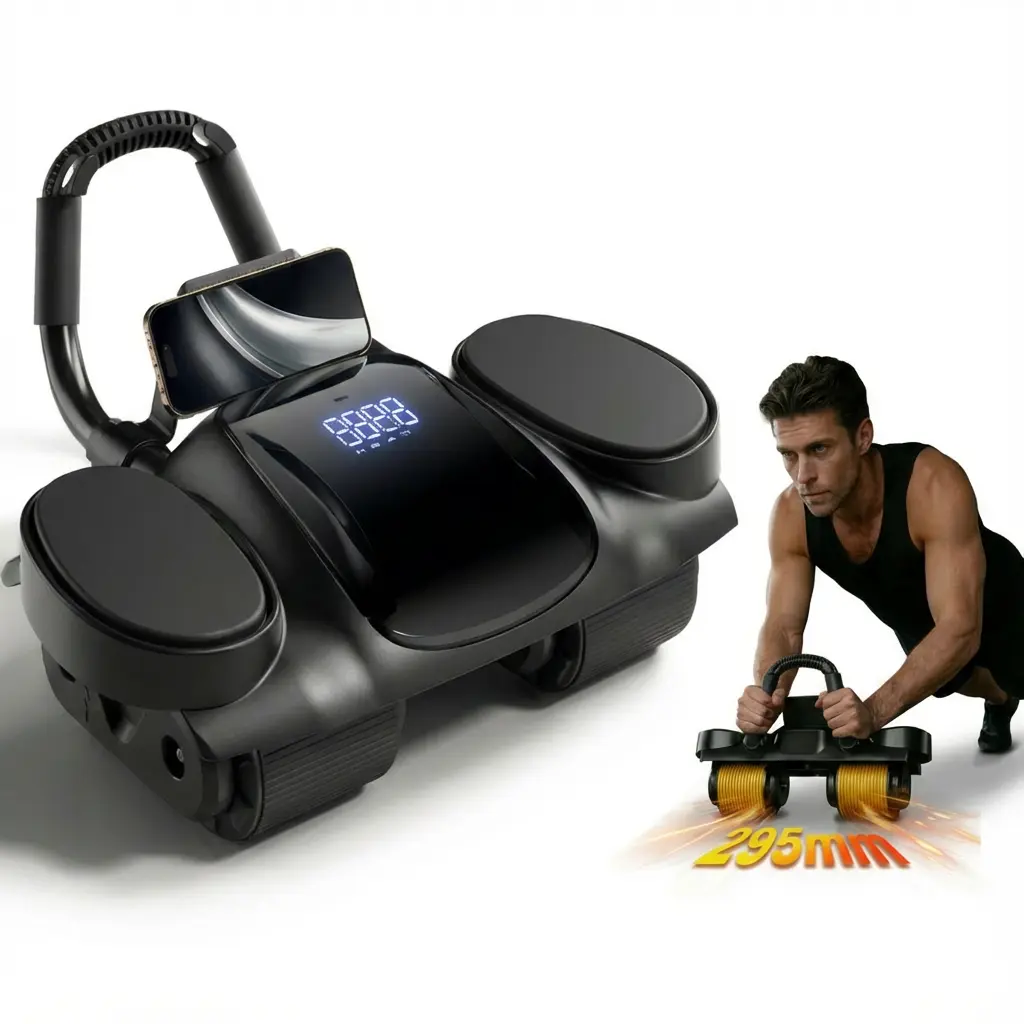 Abdominal 4-Wheel Ab Roller Auto Rebound with Digital Display Thick Elbow Pads Phone Holder Silent Soft Wheels Stable Safe for Beginners Core Trainer Abdominal Exercise Equipment for Home Gym Men Women Unisex Fitness with Precise Tracking Leecue Fitness