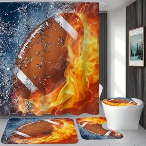 1/4pcs Rugby Pattern, Shower Curtain Set with 12 Hooks, Non Slip Floor Mat, Bathroom U-shaped Mat, Toilet Seat Mat, Bathroom Sets Full Set, Room Decoration, Home Decoration, Bathroom Decoration And Accessories, Holiday Gift