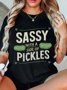 Sassy with a Side of Pickles Graphic T-Shirt Women's Black Relaxed Fit Short Sleeve Crew Neck Casual Top for Summer Spring Everyday Wear
