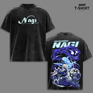 Blue Lock Seishiro Nagi Graphic T-Shirt - Lazy Genius Ghost Dribble Oversized Vintage Tee, Purple Energy Skull Design Anime Merch, Washed Black Cotton Streetwear for Otaku Soccer Fans