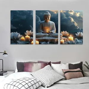 3 Pieces Framed Buddha and Lotus Canvas Wall Art Zen Spiritual Meditation Yoga Spa Pictures Posters 8"x12" 12"x16" 16"x24" Easy to Hang Home Office Decor Gift Ornaments