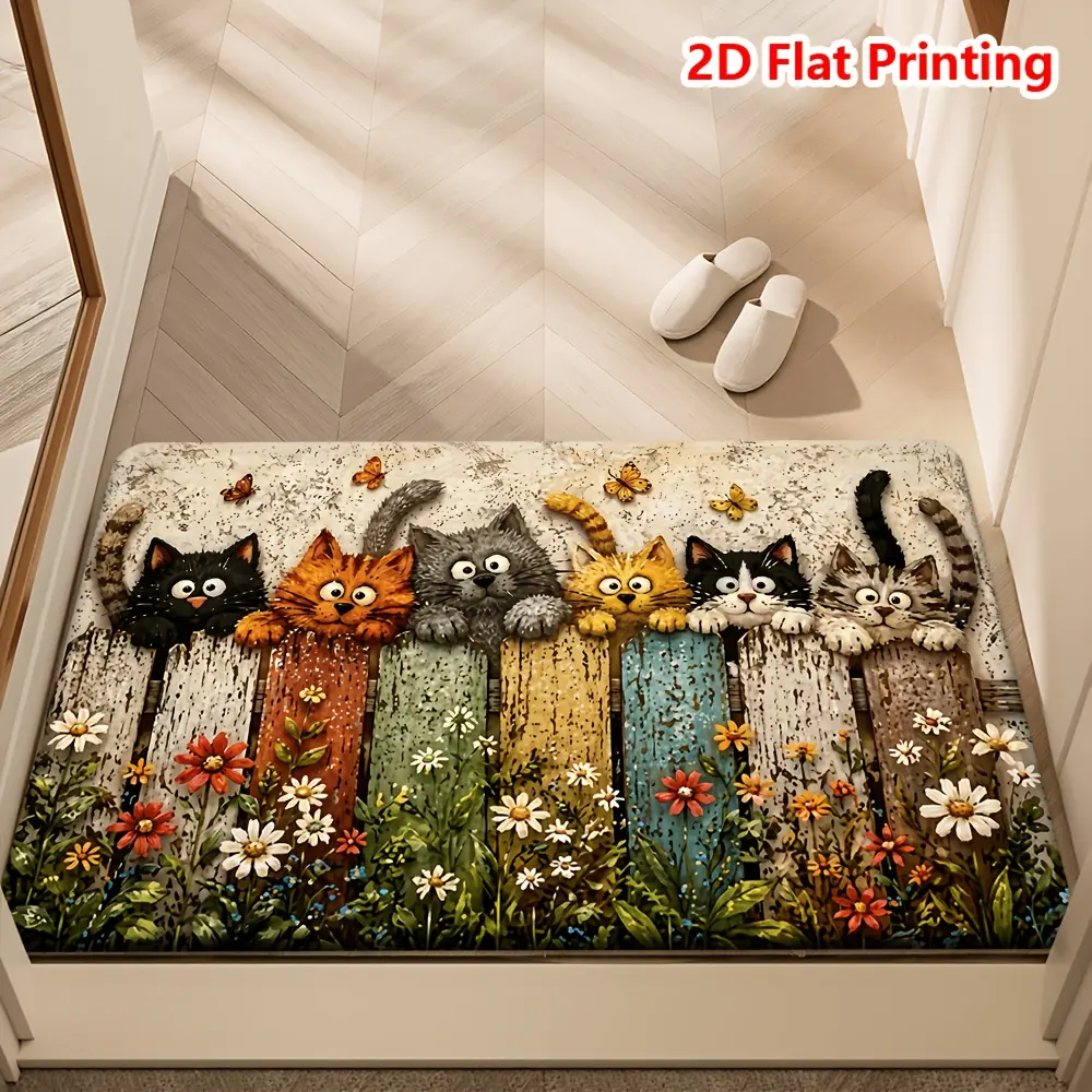 1pc Cute Kitten Door Mat with Wildflower Backyard & Non-Slip Backing, Absorbent Floor Suitable for Entrance Door /Outdoor Use, Hand Washable Soft Suitable for Living Room, Doors, 2D Flat