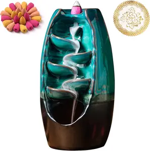 Ceramic Incense Burner with 120 Cones, Waterfall Backflow Incense Holder Aromatherapy Ornament Zen Decor Home Decor Gift Scent Scented Perfume Freshener Fragrance