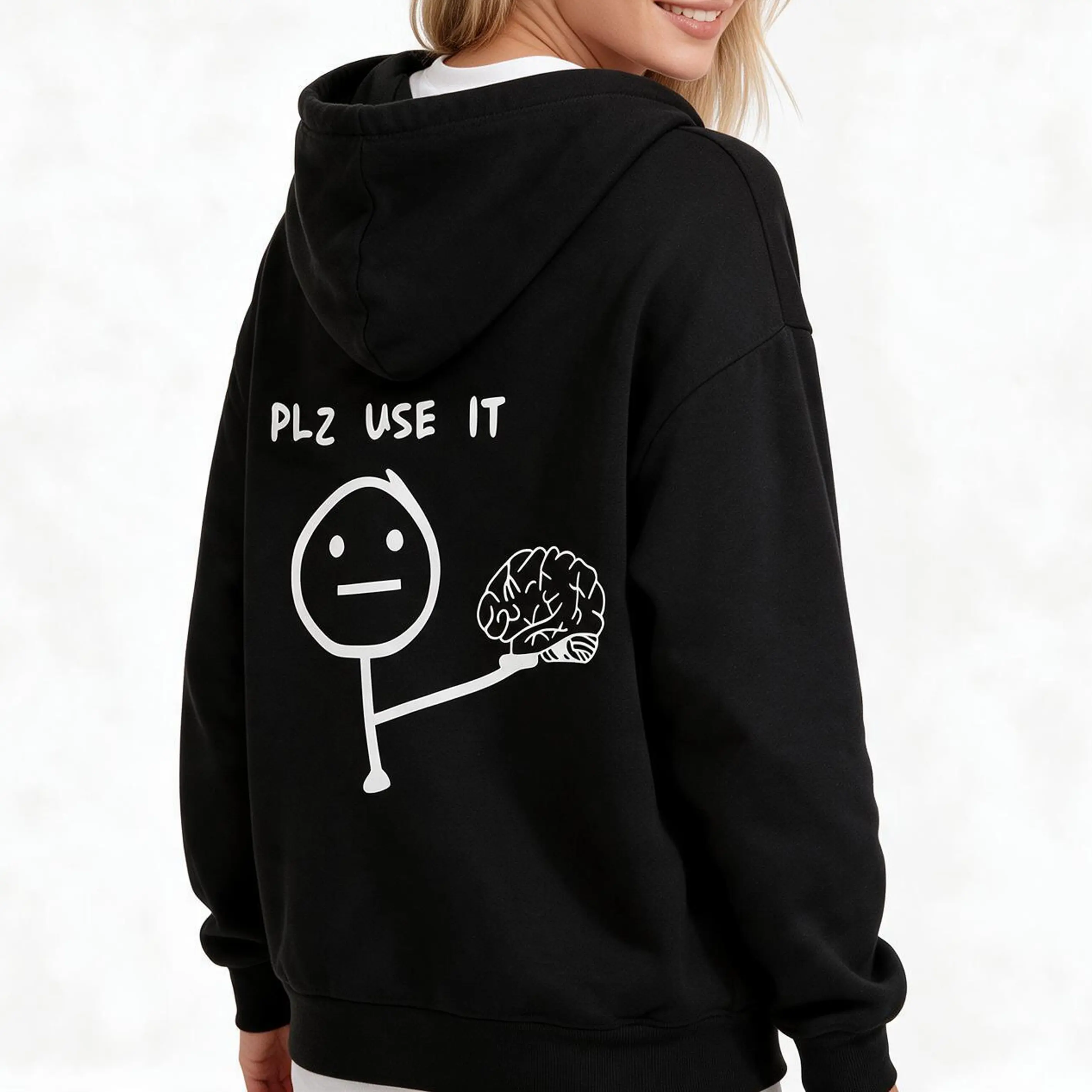 Plz Use It Stick Figure Hoodie Funny Sarcastic Back Print Oversized Casual Pullover