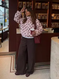 Women's Long Sleeve Stand Collar Adjustable Bow Side Pocket Coat, Polka Dot, Loose Fit, Casual, Button Closure, Elastic Hem, Casual Fashion Outerwear, Womenswear