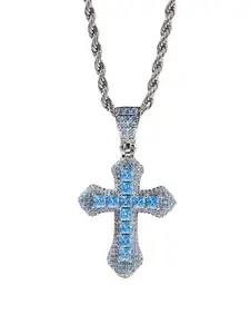 Blue Zircon Cross Necklace - Full CZ Pendant for Men & Women