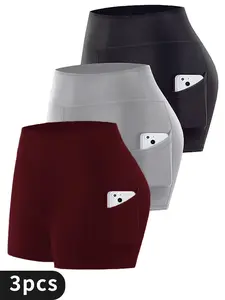 Women's 3-Piece High-Waisted Breathable Sports Cycling Shorts with Pockets Stretch Bodysuit for Fitness Running Cycling & Casual Wear Plain Design