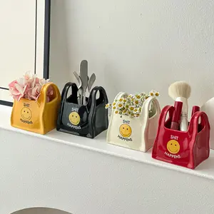 Unique handcrafted bag, creative ceramic pen holder for desktop, stationery storage box, small decorative makeup pen holder