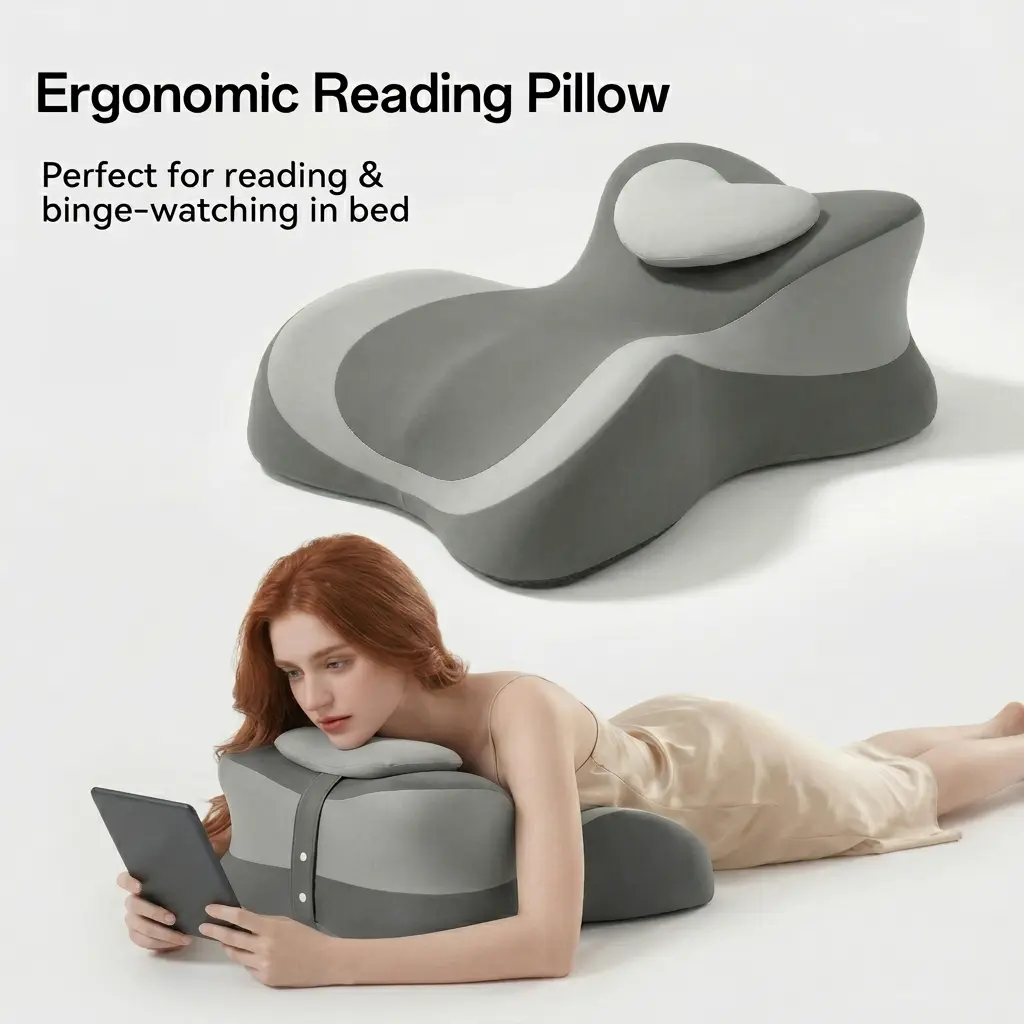 Ergonomic Face Down Bed Pillow - Cooling Memory Foam Cushion with Firm Memory Foam Cushioning, Adjustable Neck Supportive Bolster for Reading, Phone Use, Machine Washable