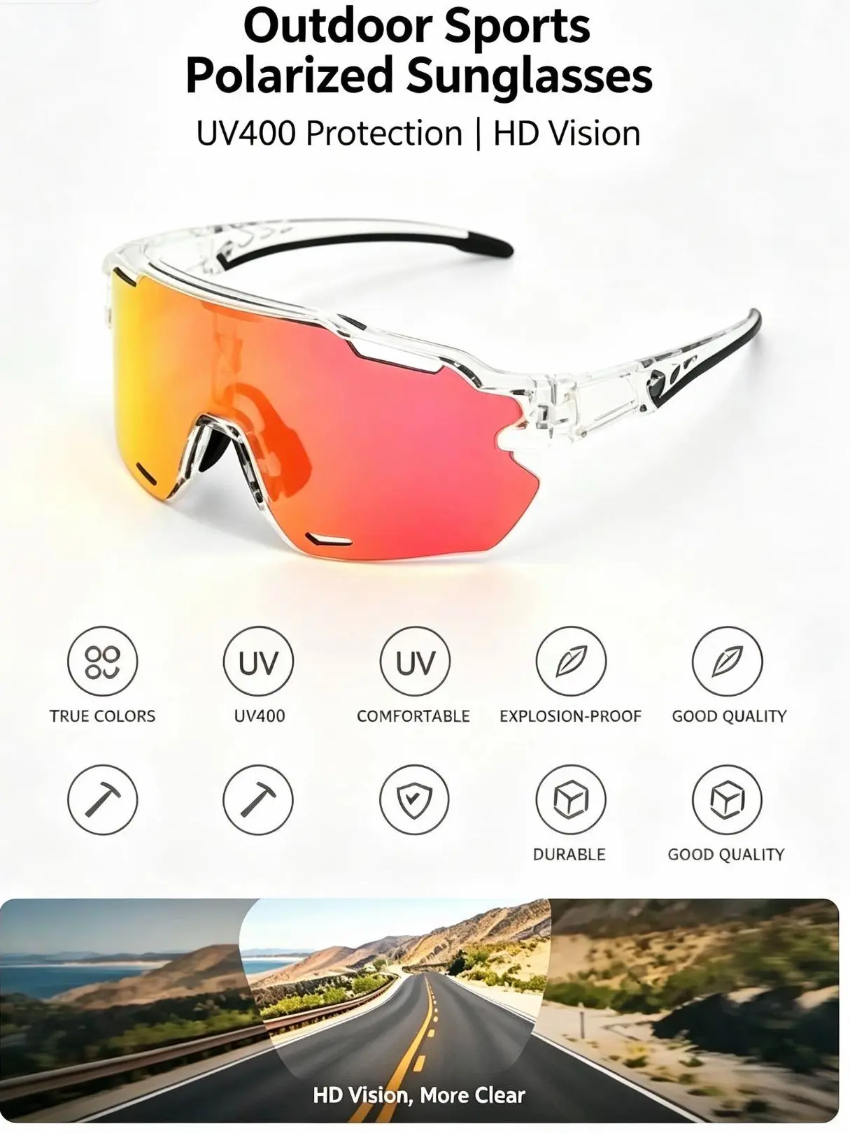 FDA certification,UV400 Sports Sunglasses - Anti-Glare HD Lenses, Lightweight TR90 Frame, Gradient Mirrored, Modern Design, for Outdoor Enthusiasts, Cycling, Road Trips, All Seasons Use