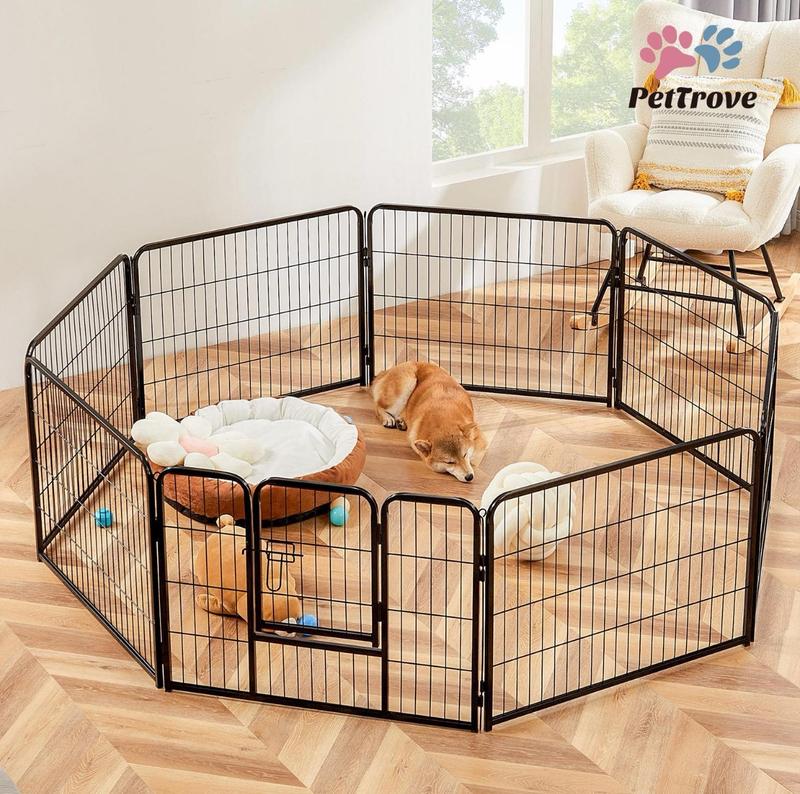 PetTrove Dog Playpen Indoor - Pet Fence Puppy Exercise Pen for Yard Gate 8 /16 Panel 24”/32 ”/48” Height Heavy Duty Crates with Doors Metal Dog Pen for Camping, RV, Outdoor, Small/Medium Pets
