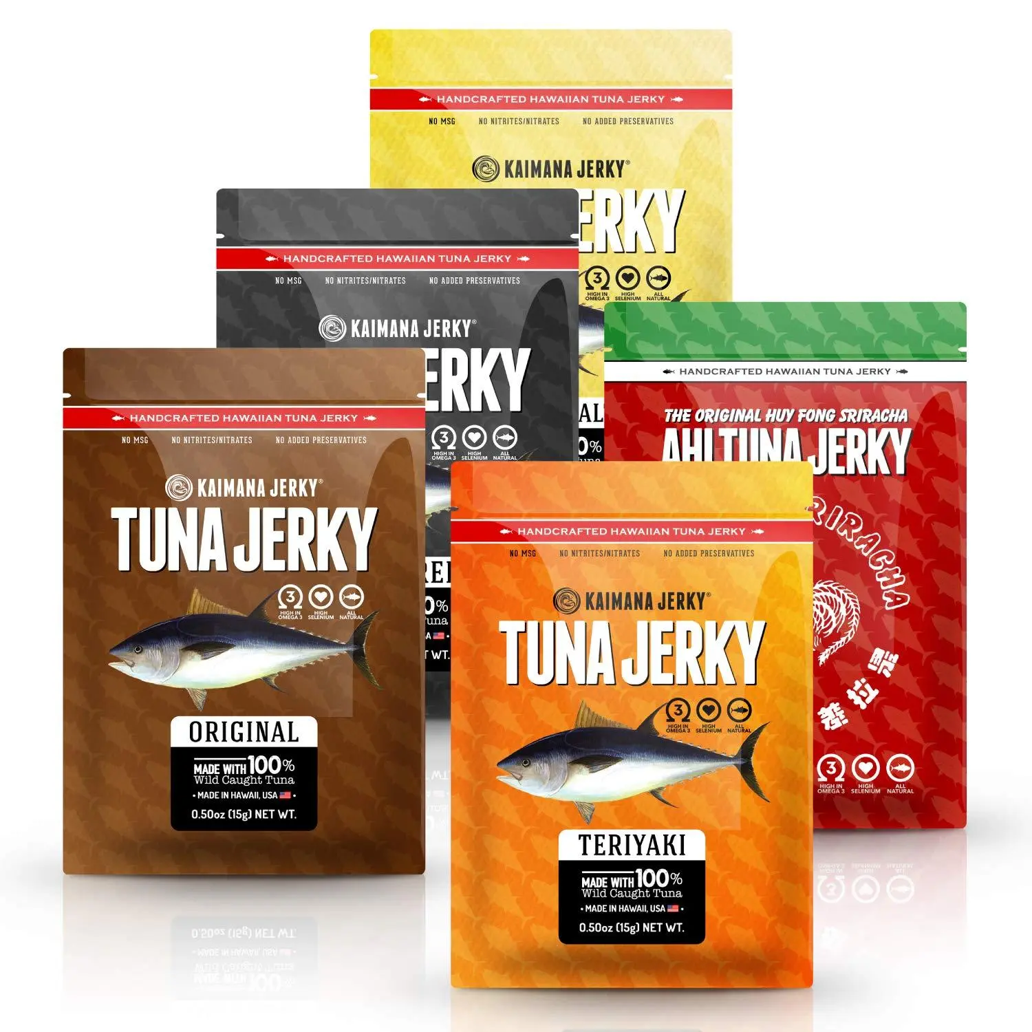 Kaimana Jerky Ahi Tuna Sampler Bundle All Natural Wild Caught Tuna Jerky 9g Protein Good Source Of Omega-3's 5 Pack 0.50 Oz Made In USA Dried Snack Seafood Snack Premium Jerky