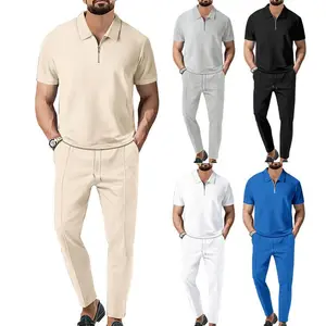 2025 Spring and Autumn New Men's Solid Color Suit Waffle Collar Short Sleeve Zipper Long Pants Suit Polo Shirt Outfit